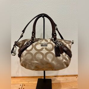 Coach Madison Op Art Sophia Satchel Shoulder Bag in Brown and Beige